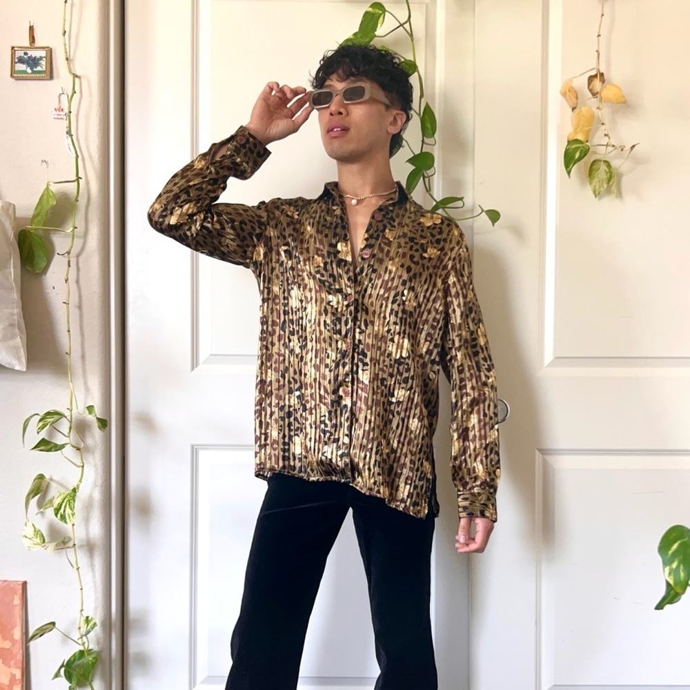 Vintage Gold & Black Leopard Print Silk Shirt